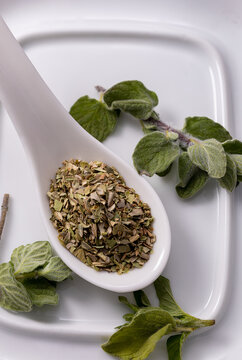 Chopped dried oregano and fresh oregano leaves placed on the ceramic plate