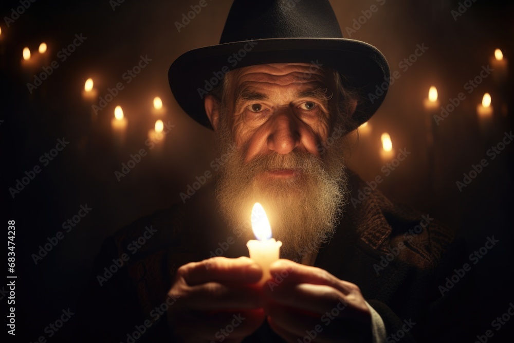 Poster A picture of a man with a long beard holding a lit candle. Perfect for creating a cozy and intimate atmosphere.