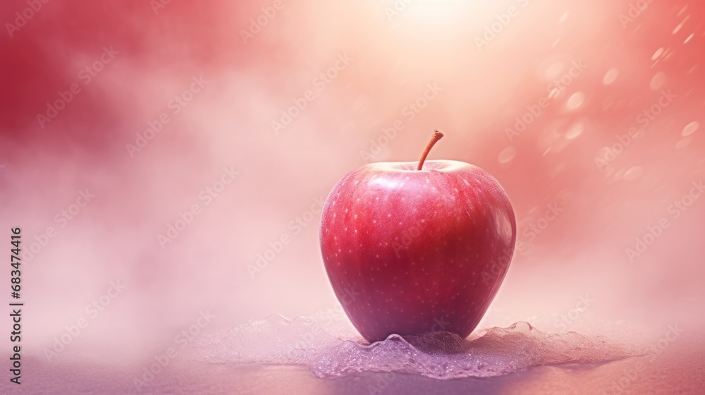 Poster a red apple sitting on top of a table next to a white table cloth and a red light behind it.