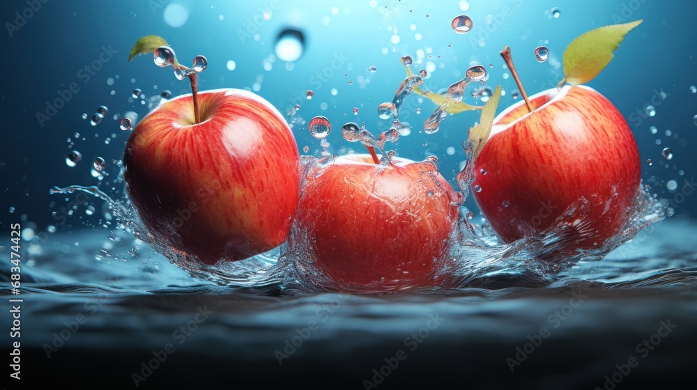 Poster three red apples splashing in the water on a blue background with a splash of water on the top and b