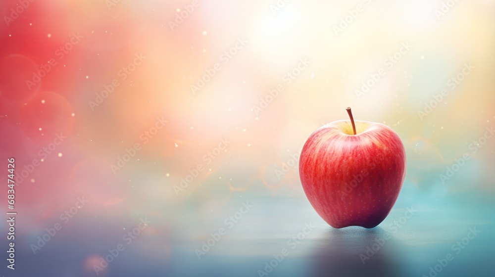 Poster a red apple sitting on top of a table next to a blurry background with a red apple on top of the tab