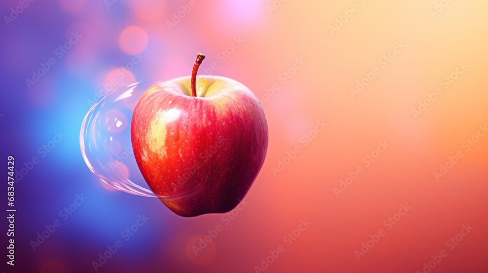 Poster a red apple floating in a bubble on a pink and blue background with a pink and blue background behin