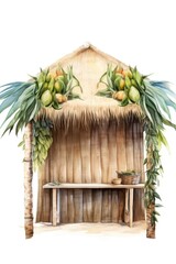 A picture of a rustic hut with a table adorned with various fruits. This image can be used to depict a cozy and inviting atmosphere in a countryside setting