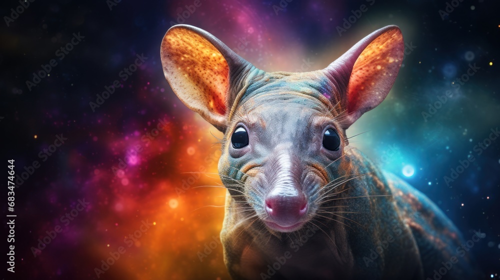 Poster a close up of a rat looking at the camera with a space background in the background and stars in the