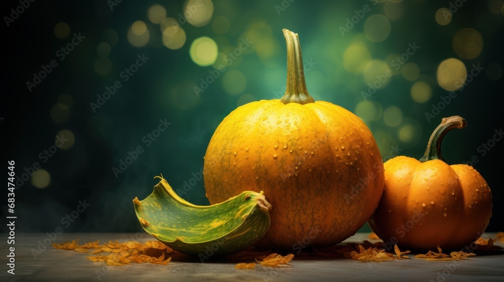 Poster a couple of oranges sitting on top of a table next to a banana and some other oranges on top of a ta
