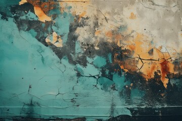 Abstract distressed wall with a mix of turquoise and orange hues, suitable for creative backgrounds and textured designs.