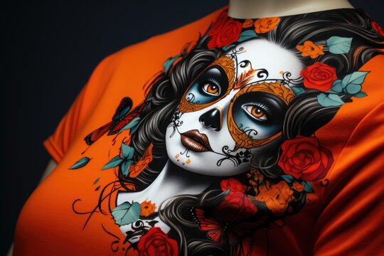 A woman wearing an orange shirt featuring a sugar skull design. This image can be used to represent Mexican culture, Day of the Dead celebrations, or as a trendy fashion statement