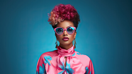 Fashion young African American girl black woman wear stylish pink eyeglasses and shirt.