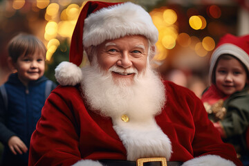 Santa Claus At Bustling Shopping Mall, Listening To Childrens Wishes And Posing For Photos