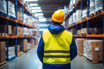 Worker In Blue Jacket And Yellow Hat In Warehouse. Сoncept Architectural Photography, Fashion Photography, Wedding Photography, Nature Photography, Portrait Photography - obrazy, fototapety, plakaty