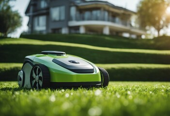 Smart Gardening: Automatic Robotic Lawn Mower on Green Lawn with Modern House in the Background