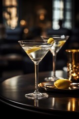 Elegant martini in a classic glass, lemon twist garnish, poised on a dark, moody bar with ambient lighting.