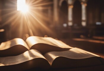 Divine Illumination: Sun Ray Light in Church Over Open Books Symbolizing Spiritual Presence and...