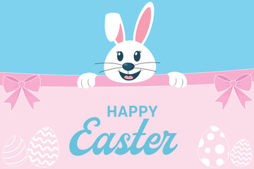 Cute happy easter card with smiling bunny rabbit. Bunnies, Easter eggs, flowers and basket. Spring background, cover, sale banner, flyer design. Template for advertising, web, social media.