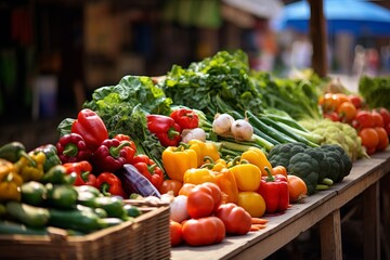 Seasonal fresh vegetables at a street outdoor market, variety of organic local products