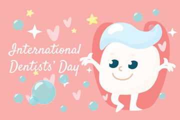 Dentist's Day greeting card. A cute little tooth with glasses and a happy smiling face. The child has toothpaste on top. A positive character for the day of the dentist and children's oral care.