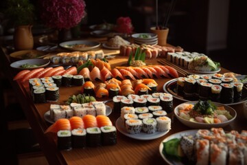 Table full of assortment different types of sushi rolls and seafood. Ready for  Asian Japanese food party.  