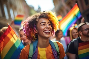 Portraits of very happy members of the LGBTQI+ community standing together to celebrate pride, love and diversity - created with Generative AI technology - obrazy, fototapety, plakaty