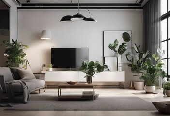 Stylish living room interior of modern apartment with white sofa potted plants and flat tv