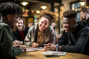 Fotobehang Joyful student interacting in a lively classroom environment, suitable for education and youth engagement imagery. © StockWorld