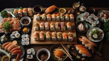 Table full of assortment different types of sushi rolls and seafood. Ready for  Asian Japanese food party.  