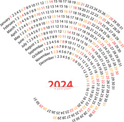 2024 Swirl Calendar Background Banner Design. A new minimal calendar design idea for your home or office, daily, weekly and monthly appearance. Isolated on white background.