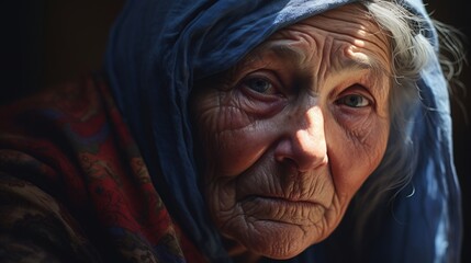 An old woman in tunic looking at viewer