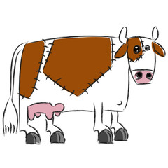 Simple artistic cow made of sewn fabric-like pieces and an outline of brush strokes