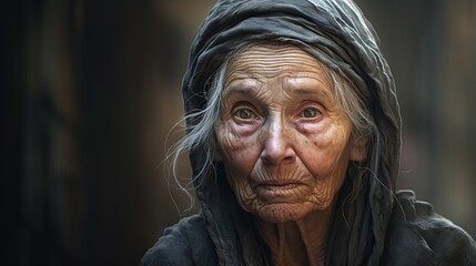An old woman in tunic looking at viewer - obrazy, fototapety, plakaty