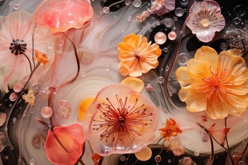 Ethereal underwater floral arrangement with delicate blooms in shades of orange and pink, symbolizing tranquility and beauty.