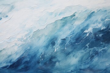Abstract blue and white fluid painting, reminiscent of ocean waves and clouds, evoking serenity and depth.