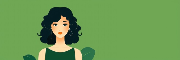 Beautiful Animated Woman Backdrop with Empty Copy Space for Text - Woman standing against Green Background - Flat Vector Girl Graphics Illustration Wallpaper created with Generative AI Technology