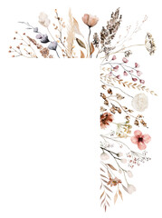 Border with watercolor border with autumn brown wild flowers and leaves, wedding illustration