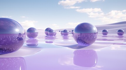  a group of balls floating on top of a body of water under a blue sky with clouds in the background.