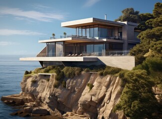 Fototapeta premium Luxury beach house with sea or ocean view swimming pool. Modern cottage on the mountain above the cliff into the abyss. Contemporary holiday villa exterior against the background of sky and water.