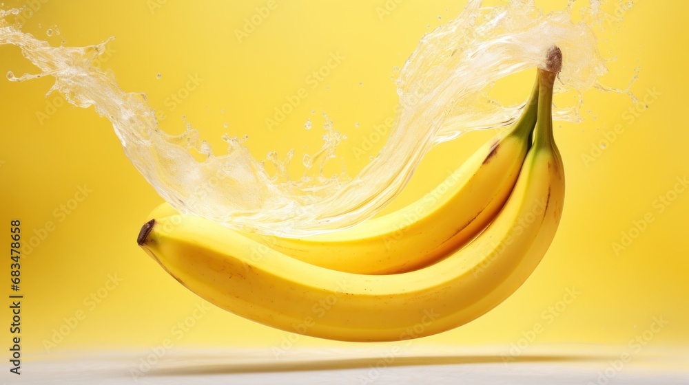 Poster a bunch of bananas with water splashing out of them on a yellow background with a splash of water on