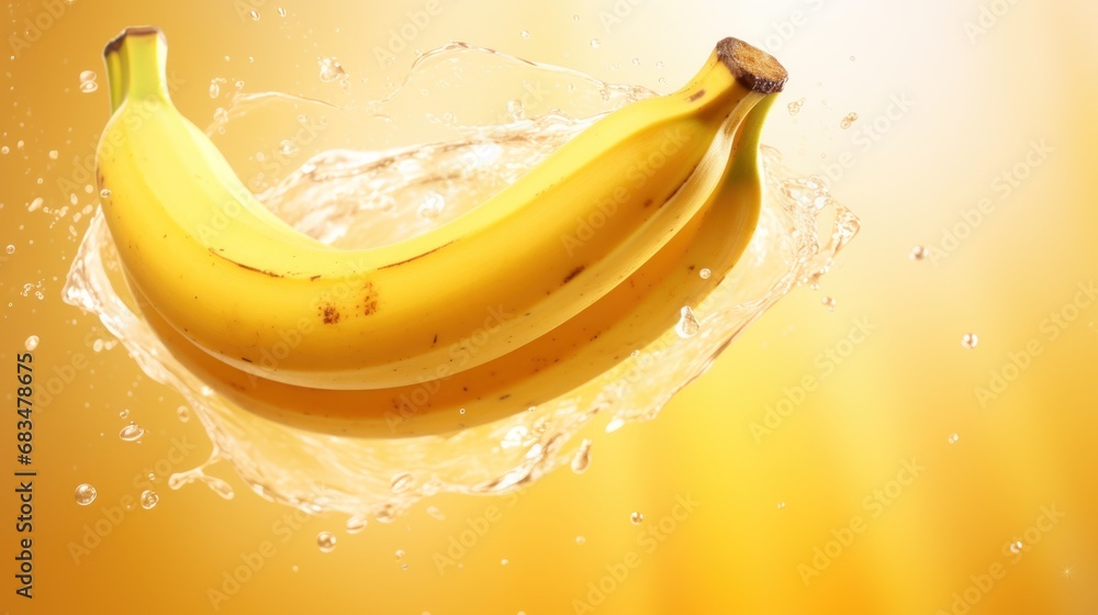 Poster a banana floating in the water with a splash of water on the bottom of the banana and a yellow backg