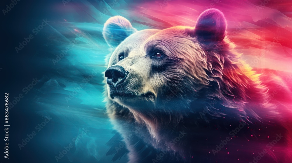 Poster a close up of a bear's face with a multicolored background and a blurry image of the bear's head.