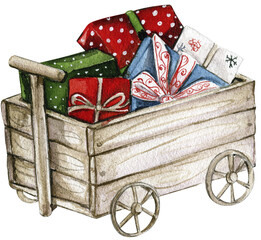 Wooden cart with present boxes. Watercolor hand drawn illustration for invitations, greeting cards, prints, packaging and more. Merry christmas and happy new year.