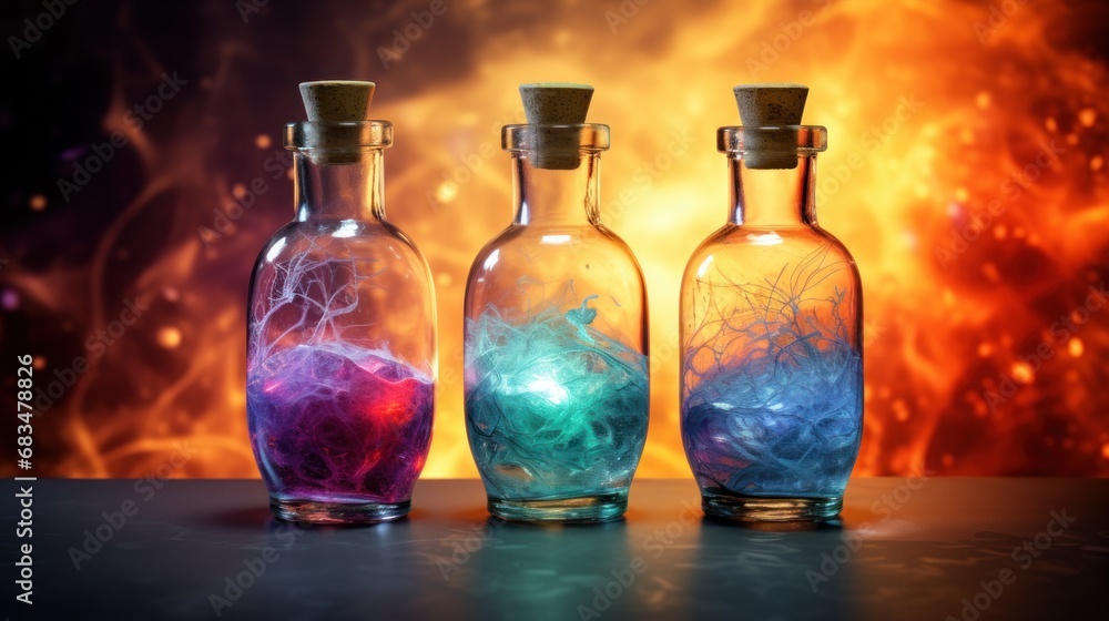 Poster a group of three glass bottles with different colored liquid inside of them, sitting on a table in f