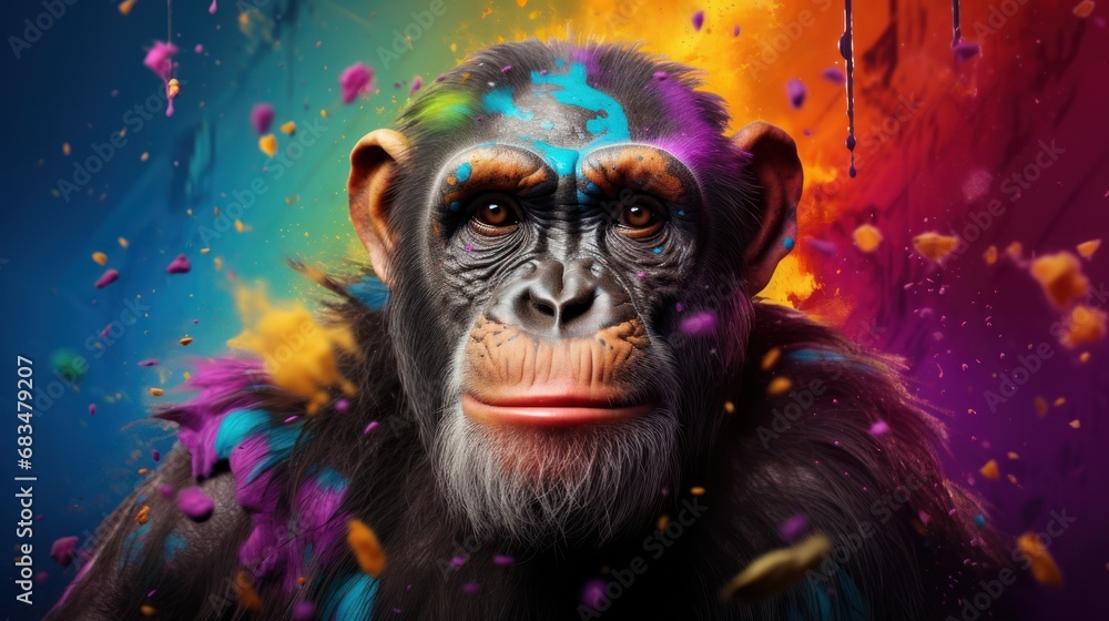 Poster a close up of a monkey with colored paint on it's face and a black background with a multicolored ba