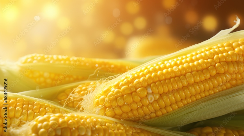Poster a close up of a corn cob on the cob with sunlight shining on the side of the cob.