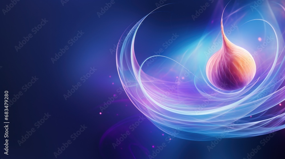 Poster a computer generated image of a flower on a dark blue background with a pink and blue swirl in the c