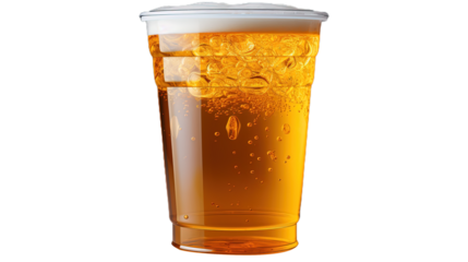 Beer in a plastic disposable cup. Isolated on Transparent background.