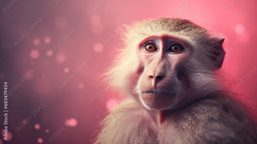 Poster a close up of a monkey's face with a blurry background and boke of light around it.