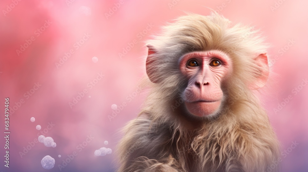 Poster a close up of a monkey with a blurry background and a blurry image of bubbles in the background.