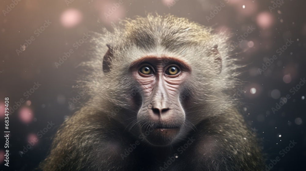 Poster a close up of a monkey's face with snow flakes in the background and a blurry image of snow flakes i