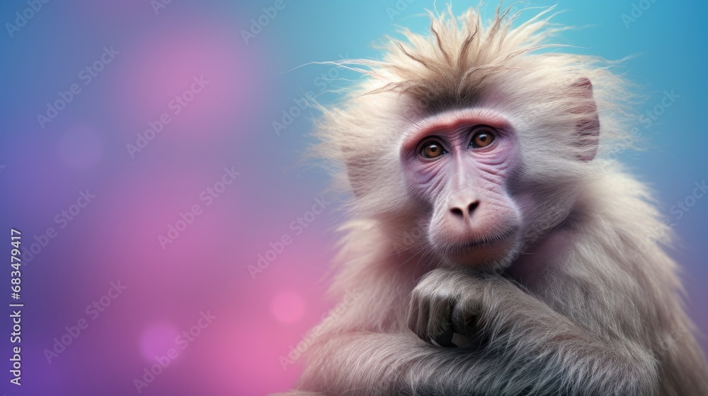 Aufkleber a close up of a monkey with a blurry background and a blurry image of the monkey's face.