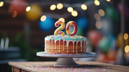  a close up of a cake on a table with a number twenty on top of it and sprinkles on the cake.