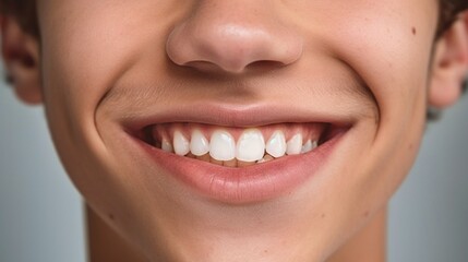 Obraz premium Happy teen boy smiles with perfect teeth against a beige studio backdrop.